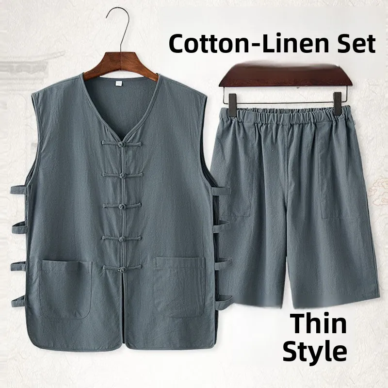 

Summer Men's Loose Breathable Thin ort Sve Vest orts Set Button Vintage Coat Cotton Blend Fabric Casual Sport Suit