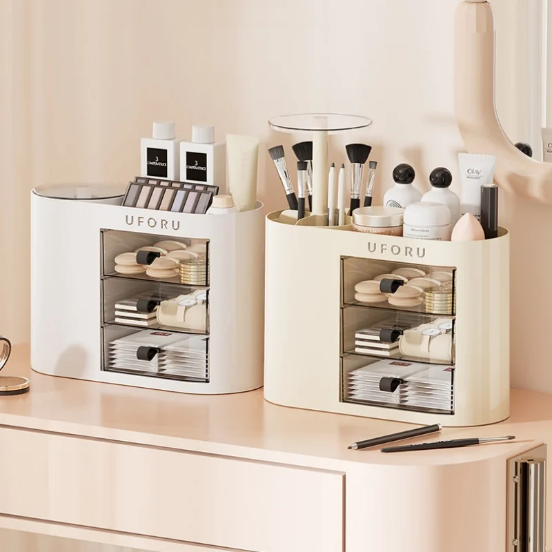 

Makeup Organizer Box With Cosmetic Brushes Holder Skincare Lipsticks Cotton Pads Beauty Sponge Desktop Storage Drawer