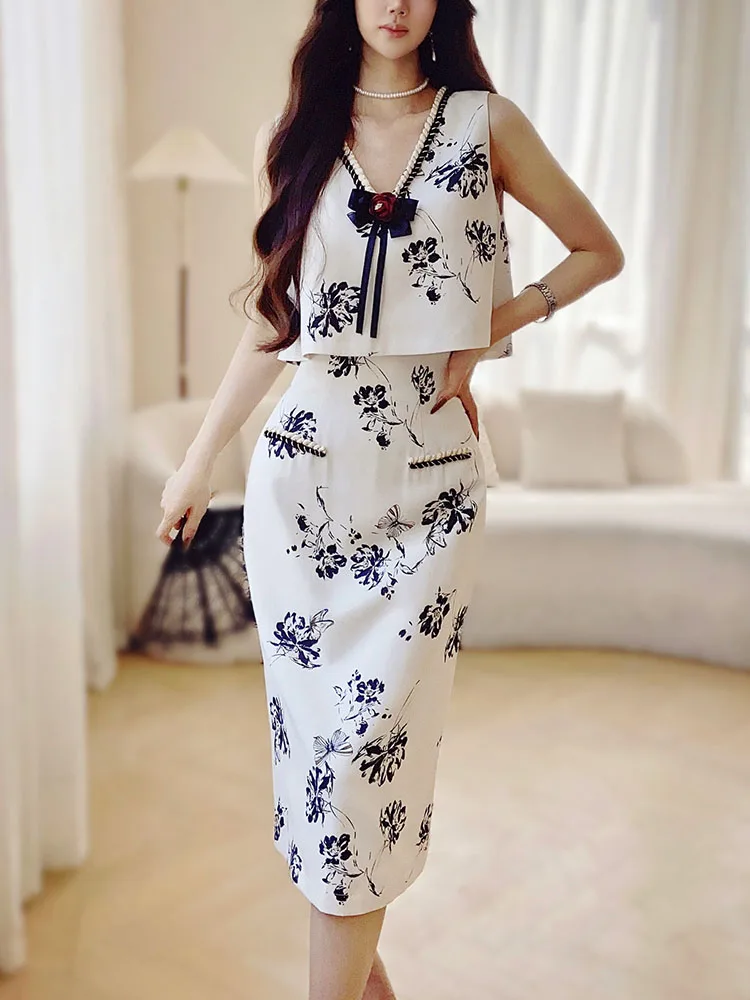 DABUWAWA Tienda Vestidos Elegantes Para Mujeres 2 Piece Sets Women Outfit Print Bow Sleevesless Vest Binding Skirt Y2K DA1BSE052