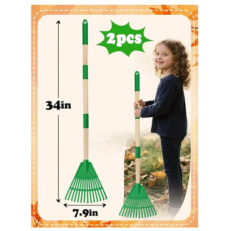 AB47-Safe To Use 2 Pcs Kids Rakes With Wood Handle-34" Light Plastic Garden Rake For Leaves, Kid Yard Tools