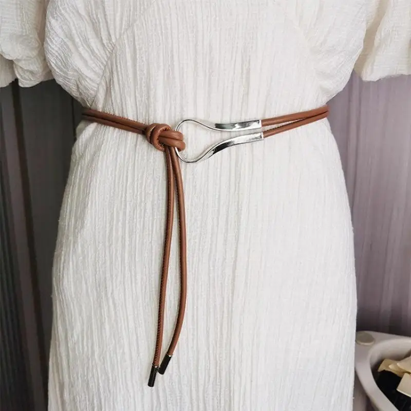 Brown Thin Leather Waist Belt Vintage Gold Buckle Adjustable Knot Perfect For Dress Matching Daily Outfits
