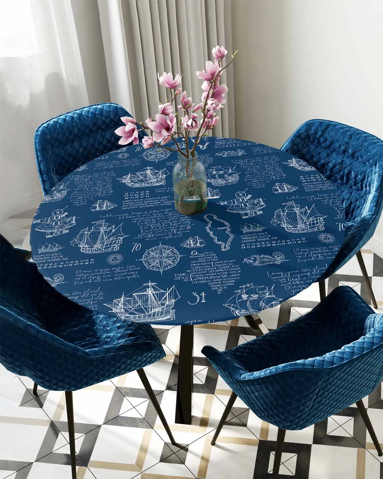 Navigation Ships Hand Drawn Round Elastic Edged Table Cover Protector Cloth Waterproof Fitted Tablecloth