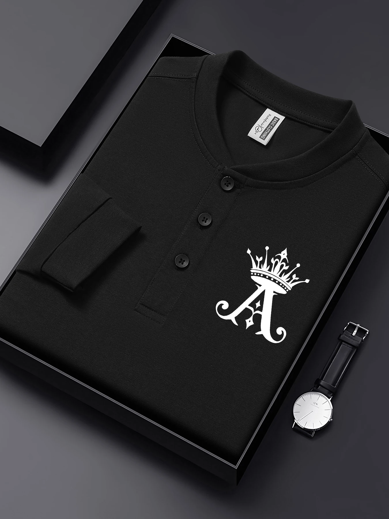 

Мужские рубашки на пуговицах с простым принтом и буквенным принтом, осенняя базовая рубашка с вырезом Генри, повседневная деловая одежда, хлопковая рубашка с длинными рукавами