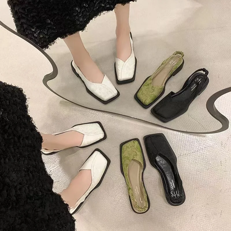 Hot Flat Square Toe Single Shoes Leather Shoes Spring Summer Sandals Elastic Rear Strap Mary Jane Shoes Woman Solid Color