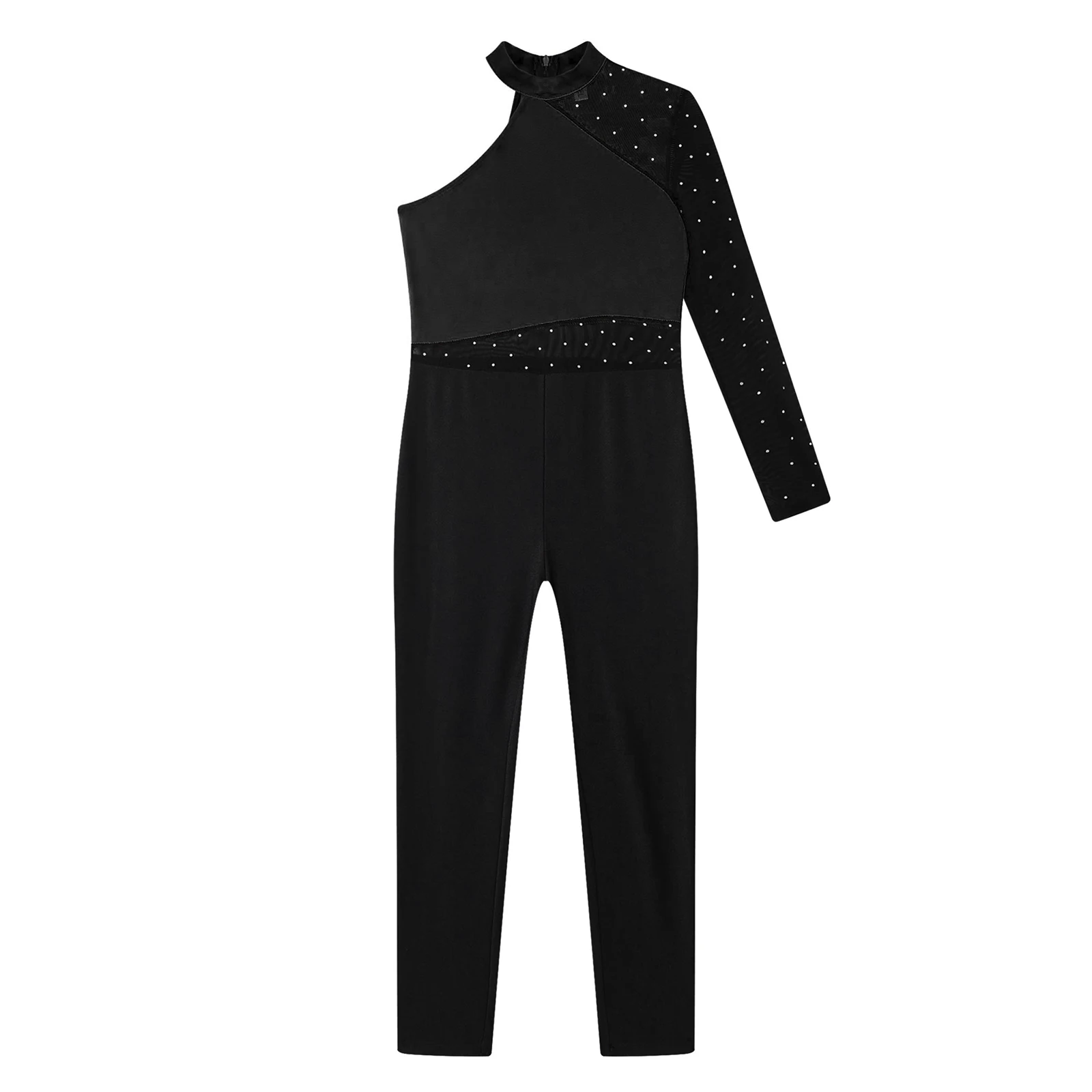 Kids Girls Figure Skating Jumpsuit One Shoulder Ballet Dance Gymnastics Acrobatics Yoga Jumpsuit Sheer Mesh Rhinestones Bodysuit