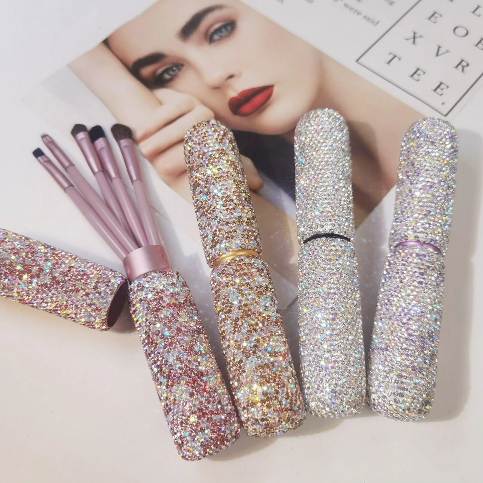 5Pcs Rhinestones Makeup Brushes Set Brow Eyeshadow Concealer Smoky Smudge Lip Brush Beauty Make Up Tools Cosmetics Storage Box