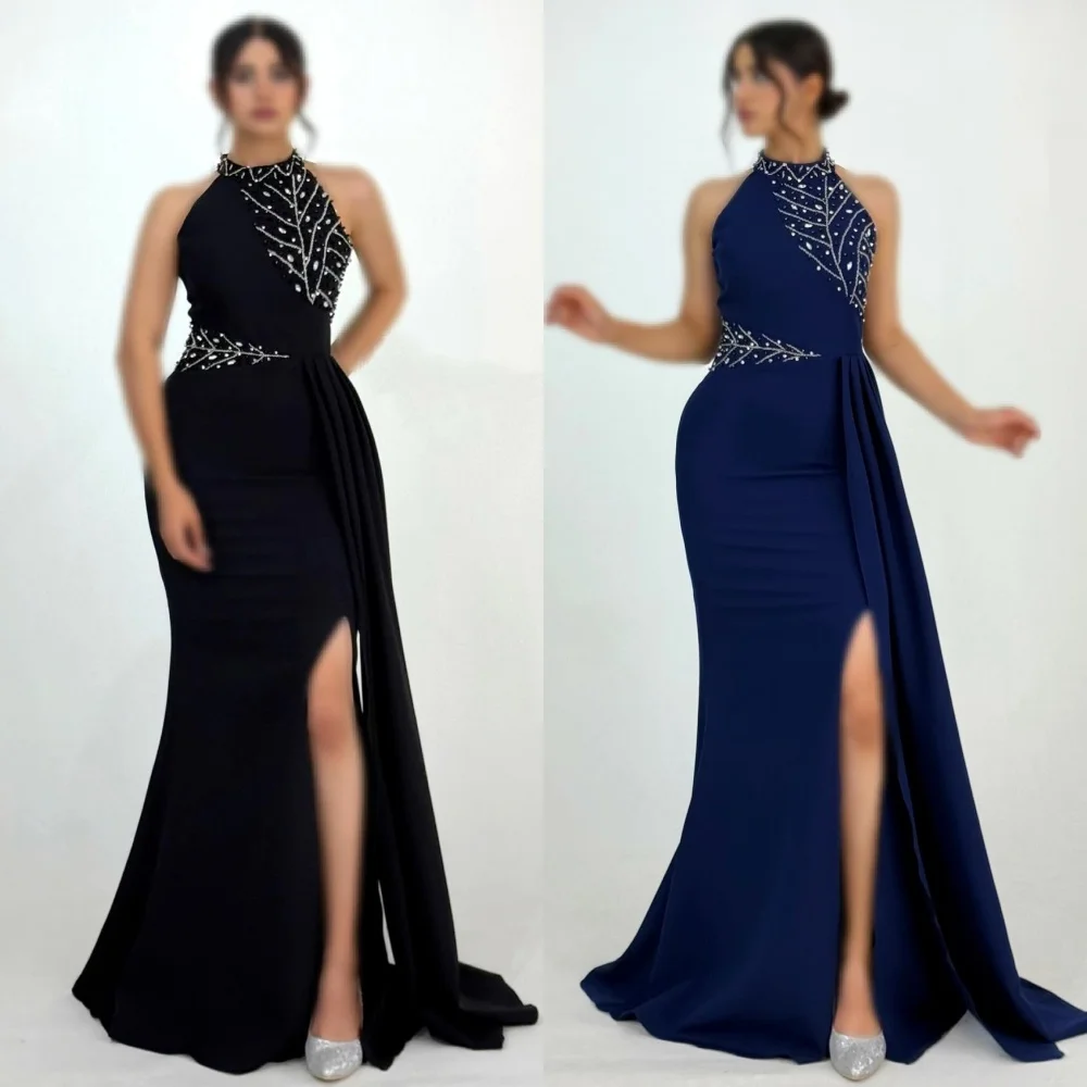 

Customized High Quality Formal Jersey Rhinestone Beading Mermaid High Collar Long Dresses Bespoke Occasion Dresses Elegant Retro