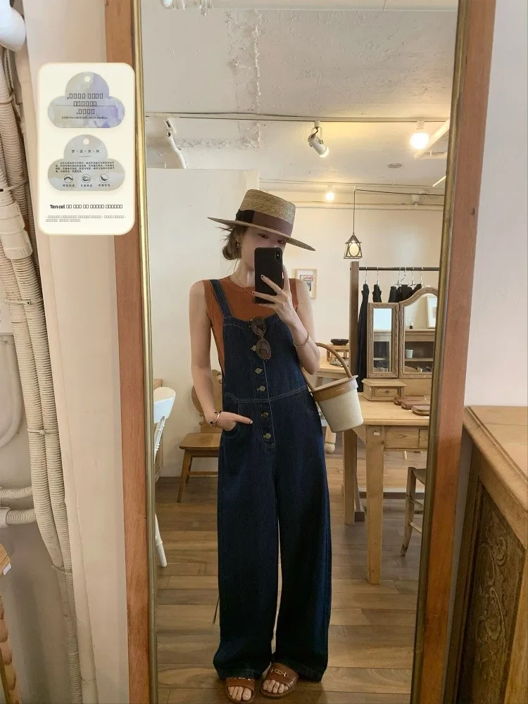 

Cloud Soft Denim Overalls Summer Original Color Retro Loose Small Size Jeans Overalls Breathable High Waist Straight Leg Pants