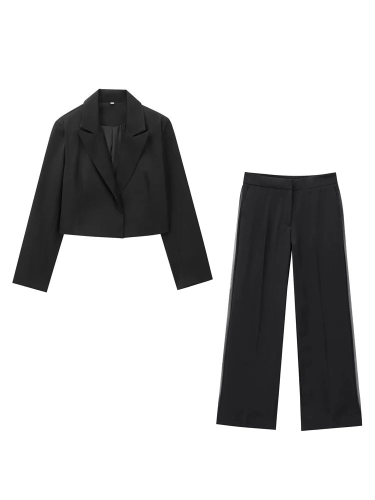 KAOPU ZA Women with shoulder pads open cropped blazer or mid-waist side stripe straight trousers two pieces sets mujer