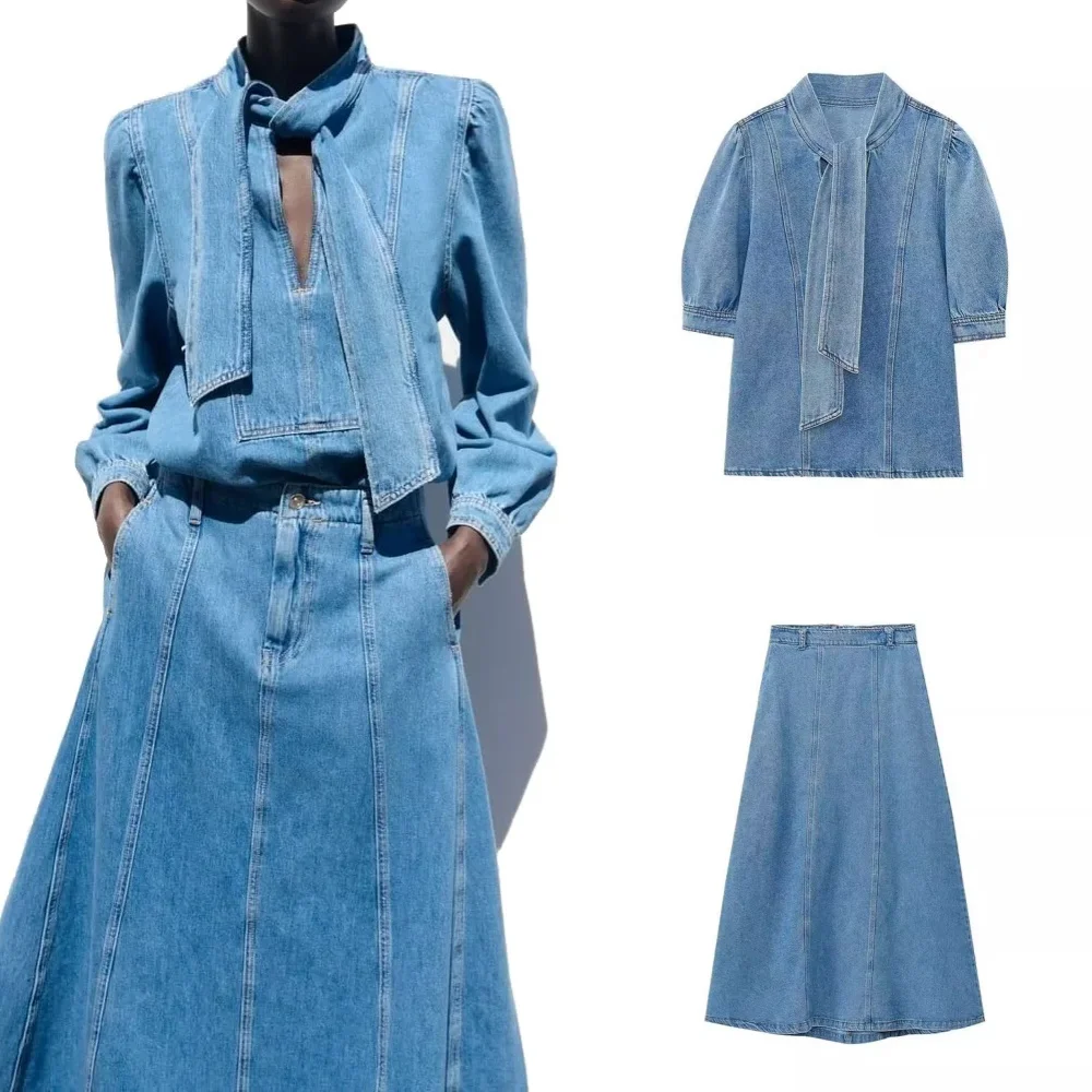 Women\'s Bow Embellished Denim Skirt Set Bubble Sleeve V-Neck Shirt Pure Color High Waist Half-body Skirt Two Piece Set