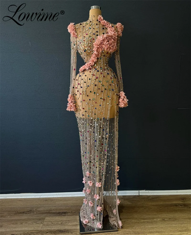 Blush Pink Full Crystals Party Dress See Through Beaded Stones Luxury Celebrity Dresses Long Sleeves Mermaid Prom Evening Gowns