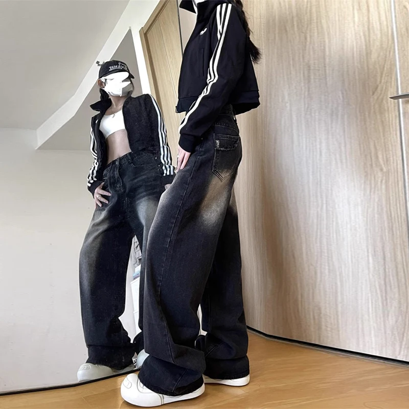 

2024 New American Retro Bla Denim Pants Women Loose Wide Leg Trousers Autumn Winter High Waist Long Zipper Casual Jeans