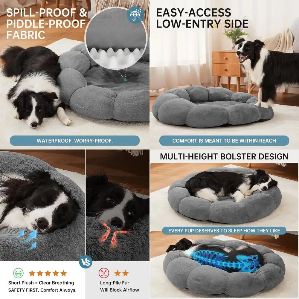 

Ортопедическая кровать-пончик для больших домашних животных, 36, успокаивающий, теплый пушистый мех, водонепроницаемый моющийся чехол, темно-серый