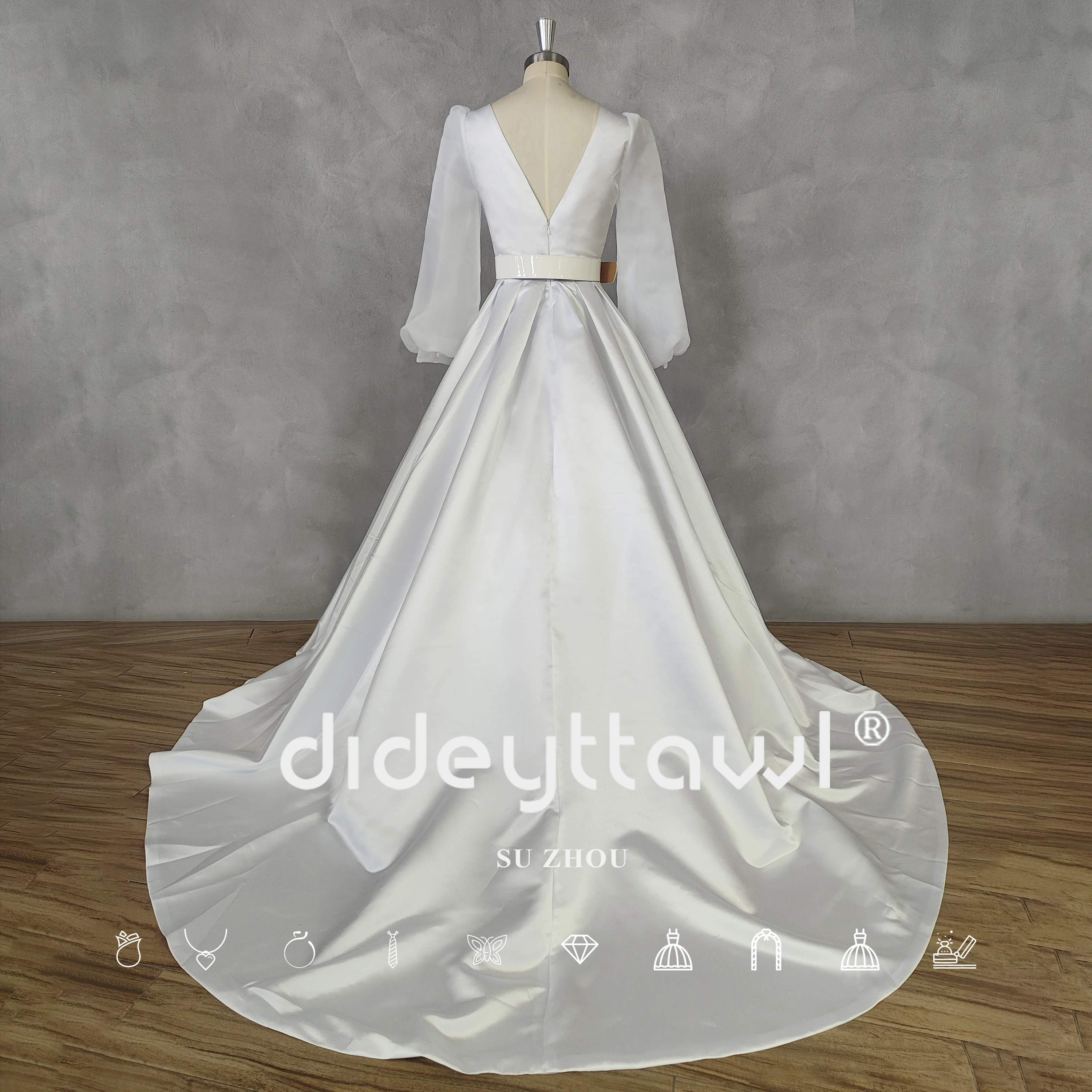 DIDEYTTAWL Real Picture Deep V-Neck A-Line Long Puff Sleeve Satin Wedding Dress Zipper Back Court Train Bridal Gown Custom Made