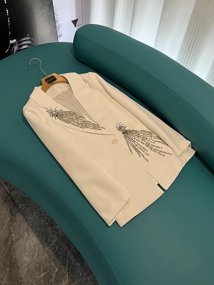 

Ele White Diamond Embellied Heavy Work Suit Jaet Women's Faion Commute Sle Long Sve Classic Collar Coat