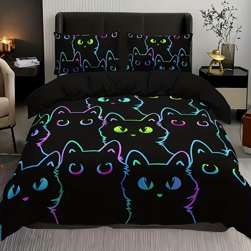 Vibrant Cat Cartoon Print Bedding Set Breathable Polyester Duvet Cover Machine Washable All-Season Comfort for Bedroom