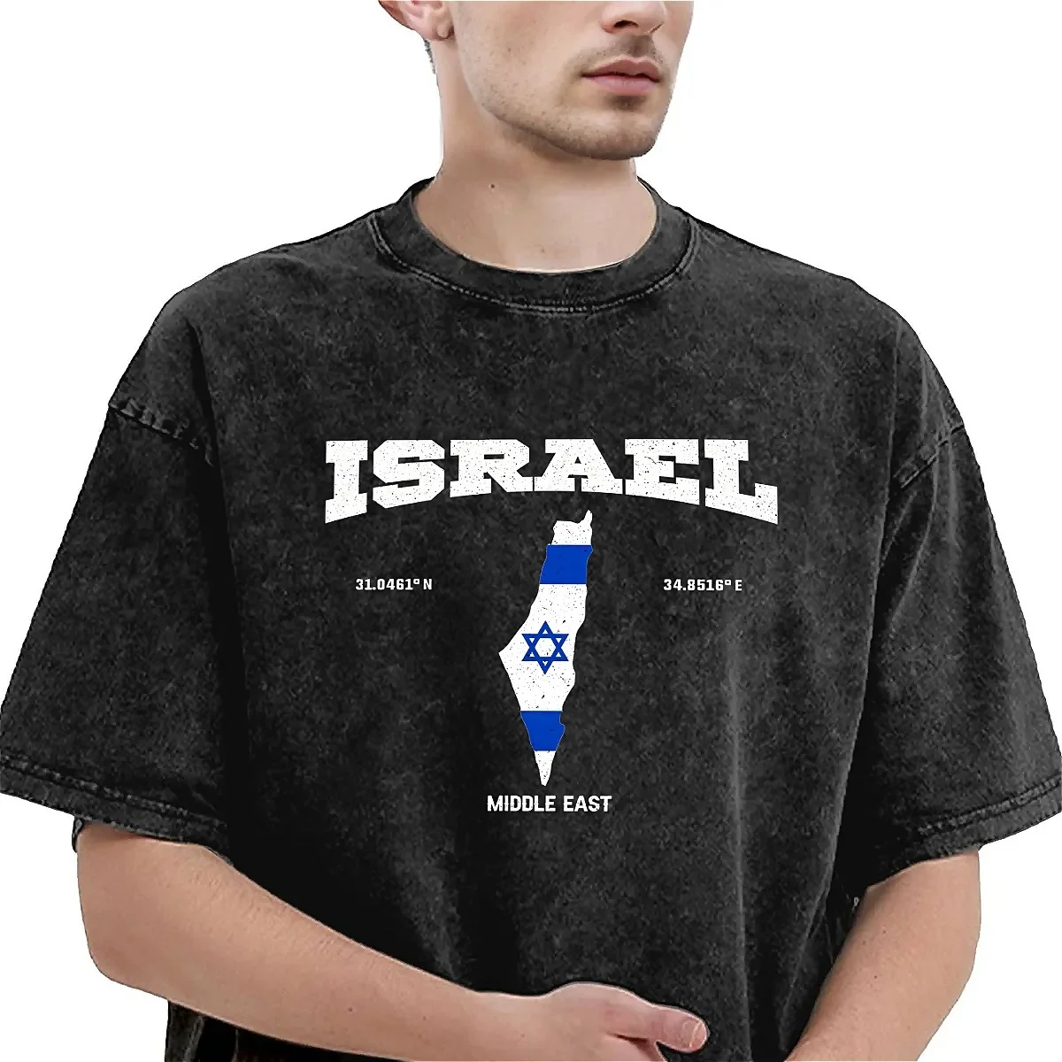 Israel Flag Map Washed T-Shirt Unisex Israel Coordinates Cotton T Shirts Beach Crew Neck Harajuku Tee Shirt Oversize Clothes