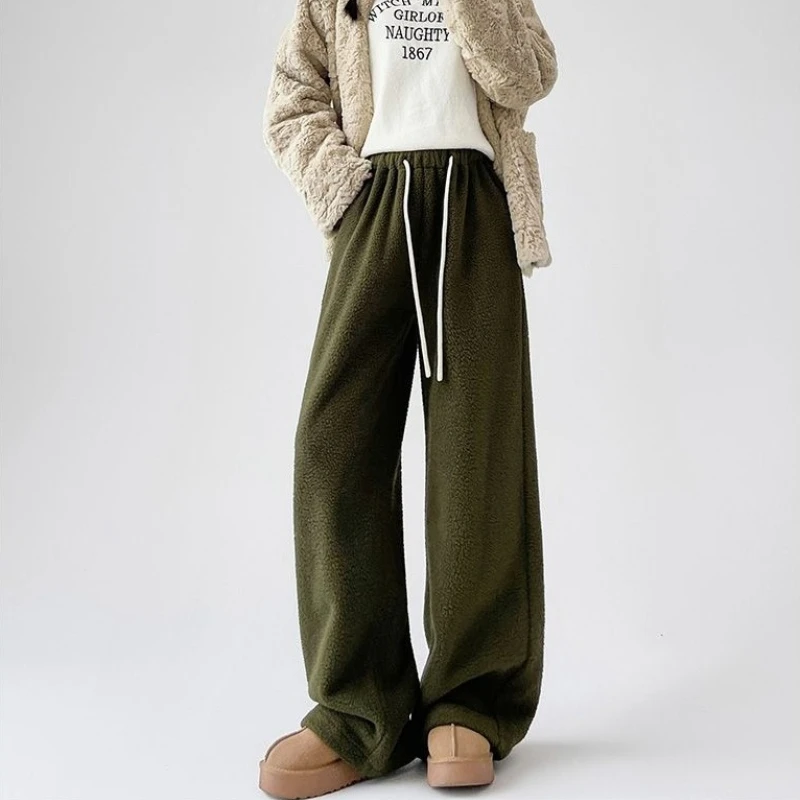 

Deeptown Green Wide Leg Women Fleece Pants Jogging Korean Fashion Lamb Wool Straight Trousers Baggy Basic Casual Warm Winter