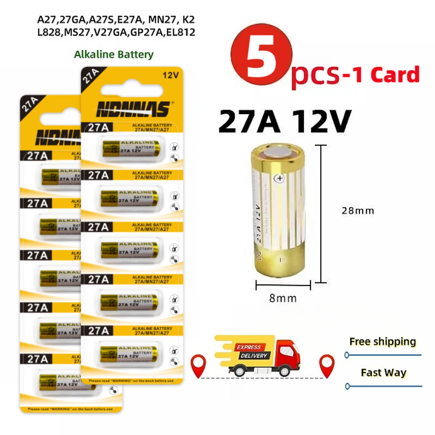27A 12V Alkaline-Batterie A27 27AE MN27 L828 K27A Trockenbatterien für Türklingel, Autoalarm, Fernbedienung, Schlüsselanhänger, Elektronische Geräte