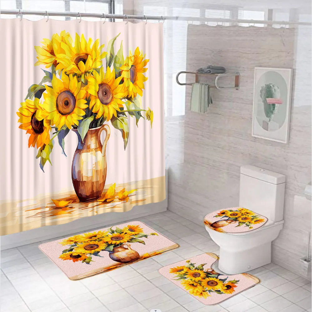 4Pcs Watercolor Sunflower Shower Curtain Set Non-Slip Rug Toilet Lid Cover Bath Mat Yellow Floral Bonsai Vase Bathroom Curtains