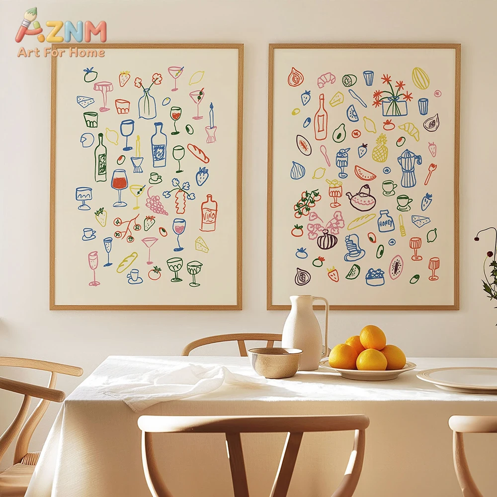 AZNM Cute Colorful Doodle Kitchen Canvas Wall Art, Food Wine Coffee Fruit Hand Drawn Sketch Aesthetic Dining Room Home Living Ro