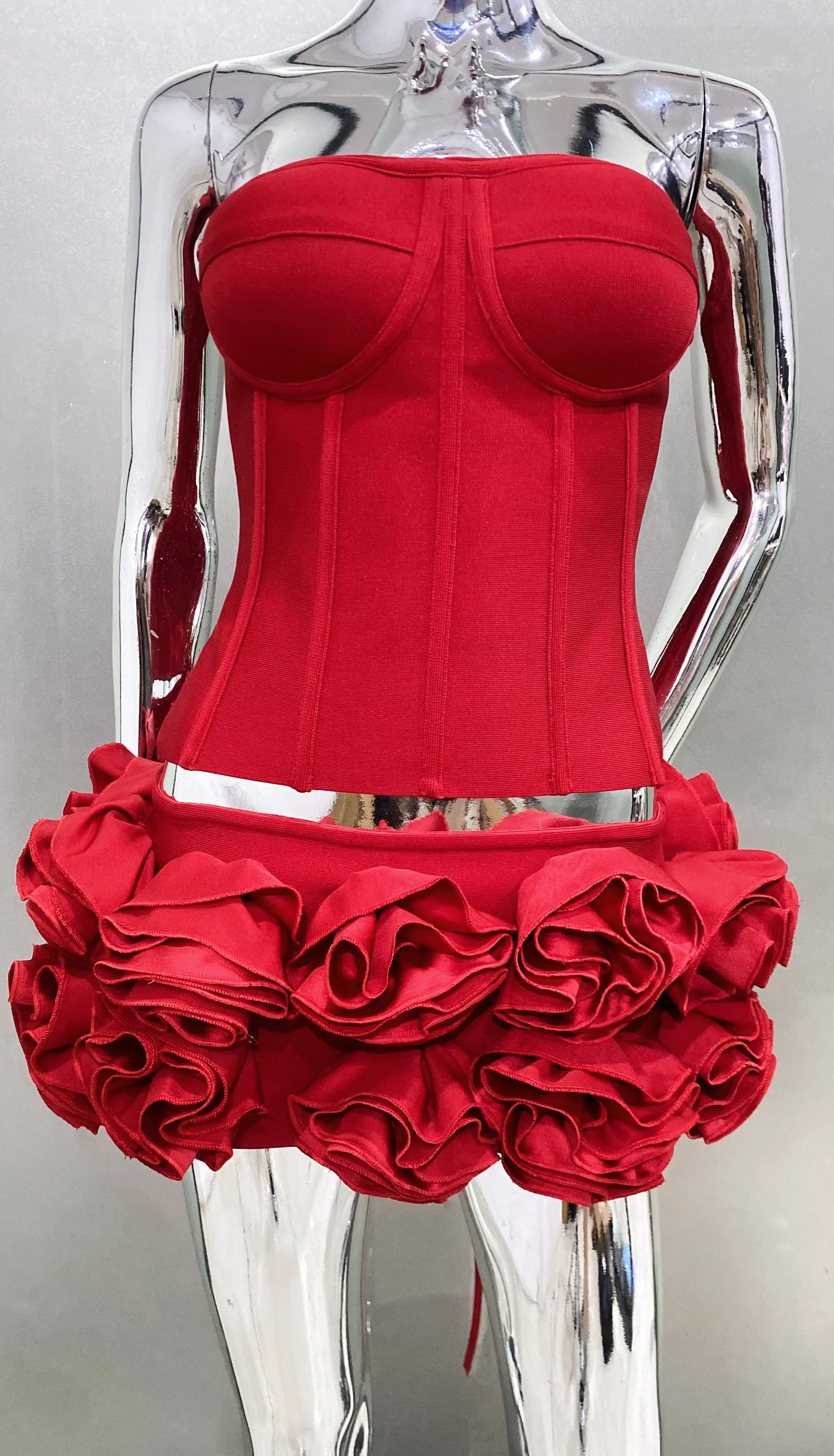 2024 Red color Back Lacing Body shaping Strapless Top And Stereoscopic Flowers Mini Skirt 2 pieces Woman Birthday Party Dress