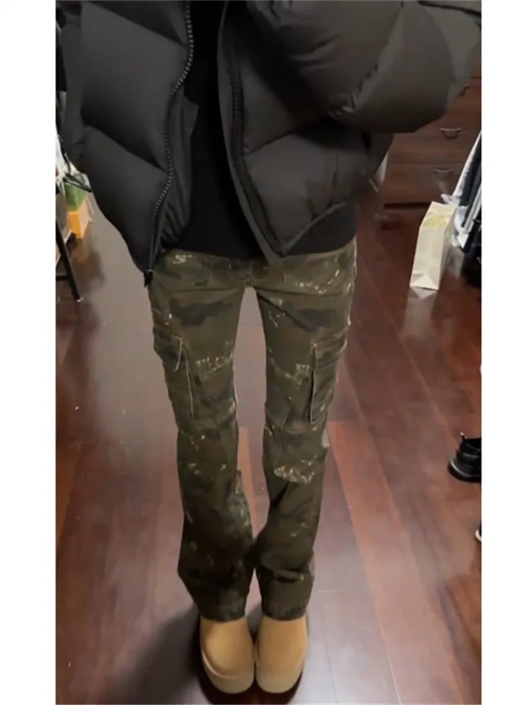 

Женские джинсы-клеш с высокой талией, удлиненные, камуфляжные, в рабочем стиле, осенне-зимние, облегающие, эластичные, американского кроя