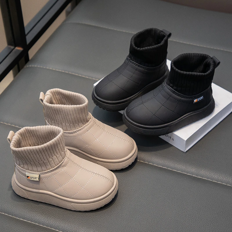 Boys Girls Plush Lining Leather Boots 2025 New Winter Kids Sock-Style Ankle Boots Non-slip Simple Classic Kids School Snowshoes