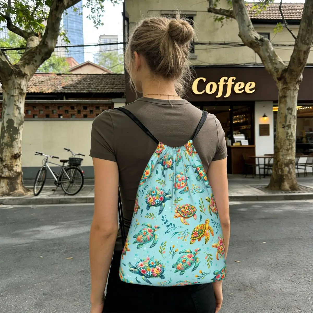 Adorable Cartoon Turtle Pattern Backpacks Portable Drawstring Bags Sports Bag Book Bags for Travel School