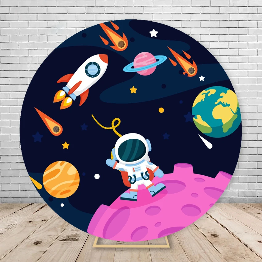 Universe Starry Sky Astronaut Round Backdrop Cover for Kids Birthday Party Dark Blue Outer Space Background Covers Elastic