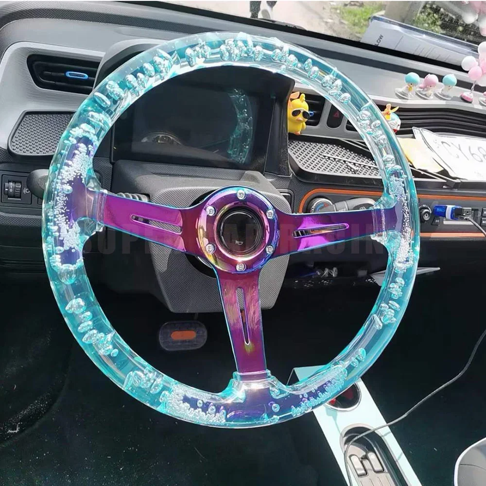 350MM Car Modified Deep Dish Bubble Style Transparent Crystal Steering Wheel With Neo Chrome Spoke Steering Wheel Racing Gaming