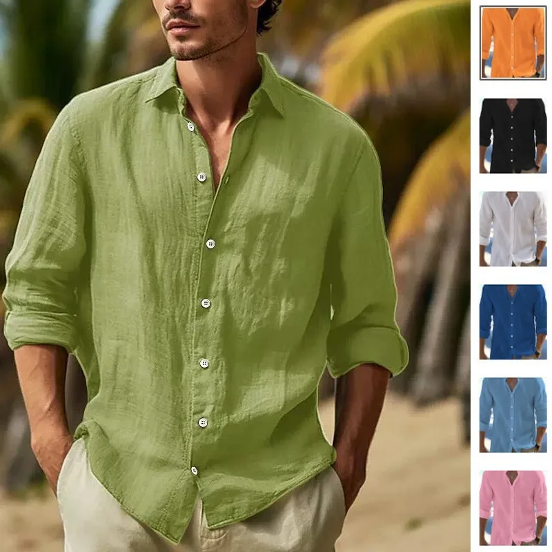 

"Men's Linen Cotton Shirt Casual Solid Color Loose Fit Long Sleeve Top Summer Breathable Comfortable Office Wear"