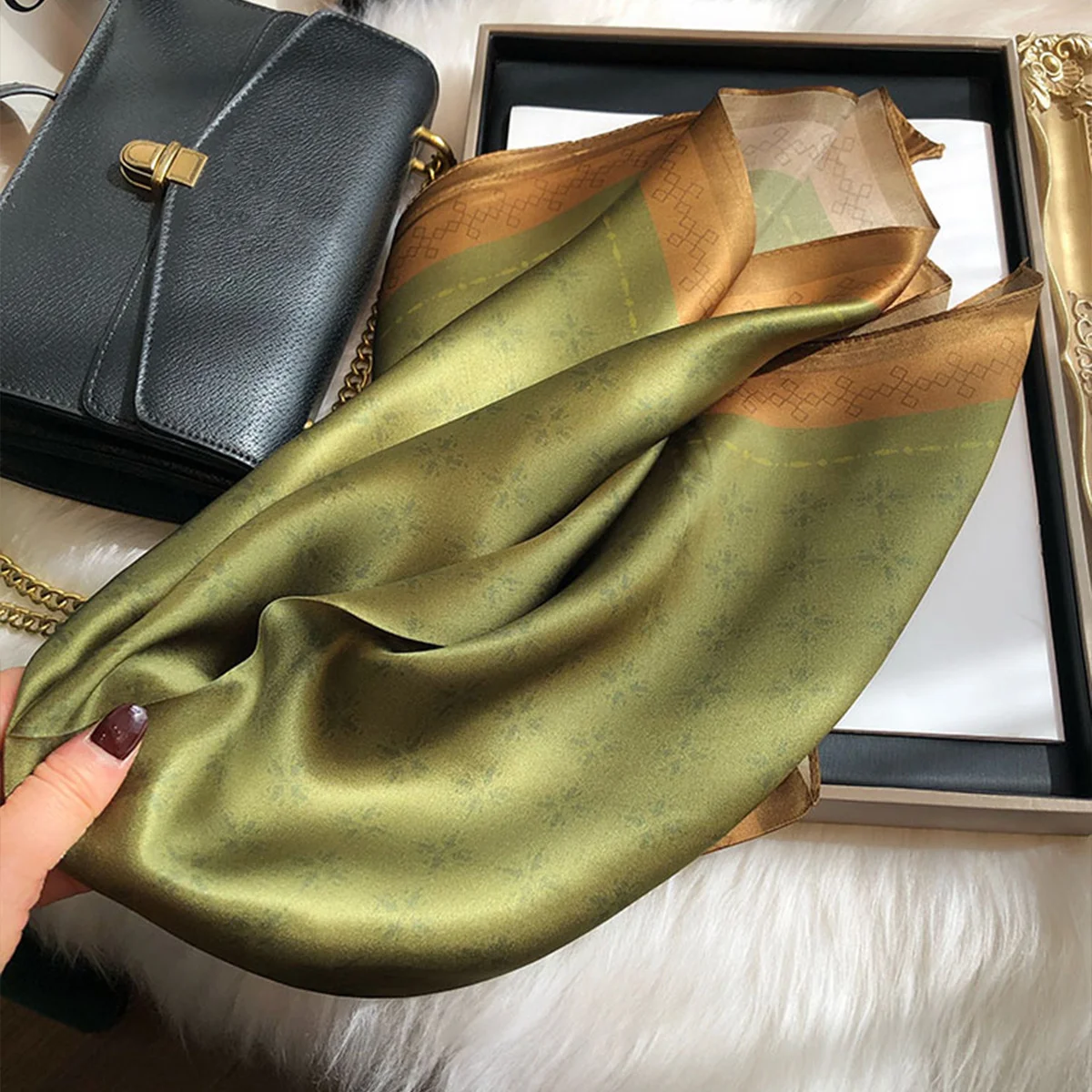 Dark Green Printed Square Scarf Plain Floral Pattern Simple Imitation Silk Neckerchief Elegant Bandana Women Head Wrap Scarves