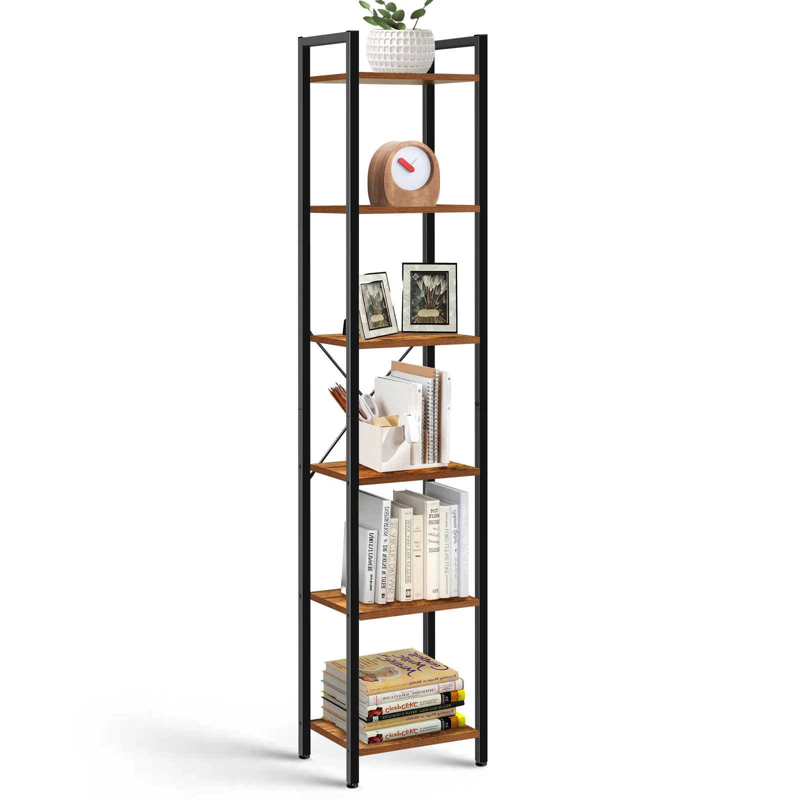 6 Tier Bookshelf with Drawer Tall Narrow Bookcase with Shelves, Wood and Metal Book Shelf Storage Organizer,Unit for Living Room