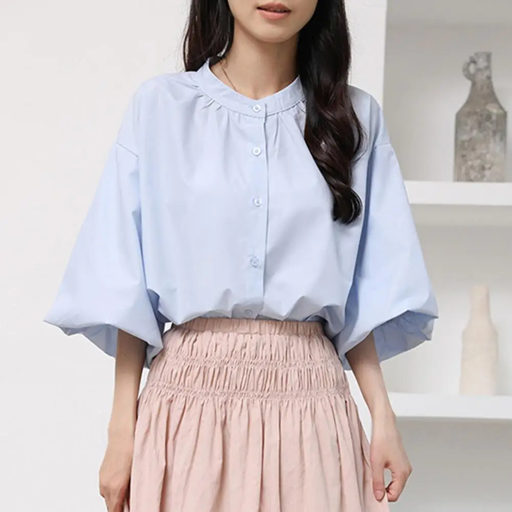 

Women Casual Shirt Stylish Women's Round Neck Puff Sleeve Blouse for Work Leisure Casual Loose Fit Solid Color Top with Single