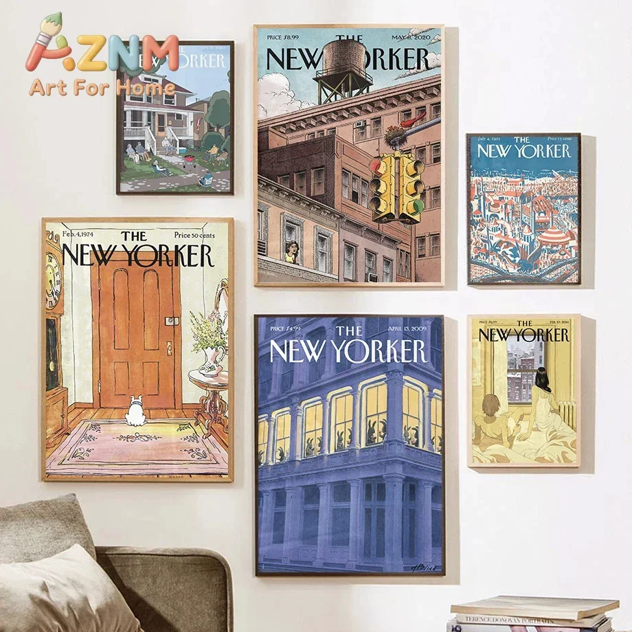 AZNM The New Yorker Magazine Canvas Wall Art Vintage Urban City Scene Cartoon Illustration Art Print Unframed Canvas Poster for