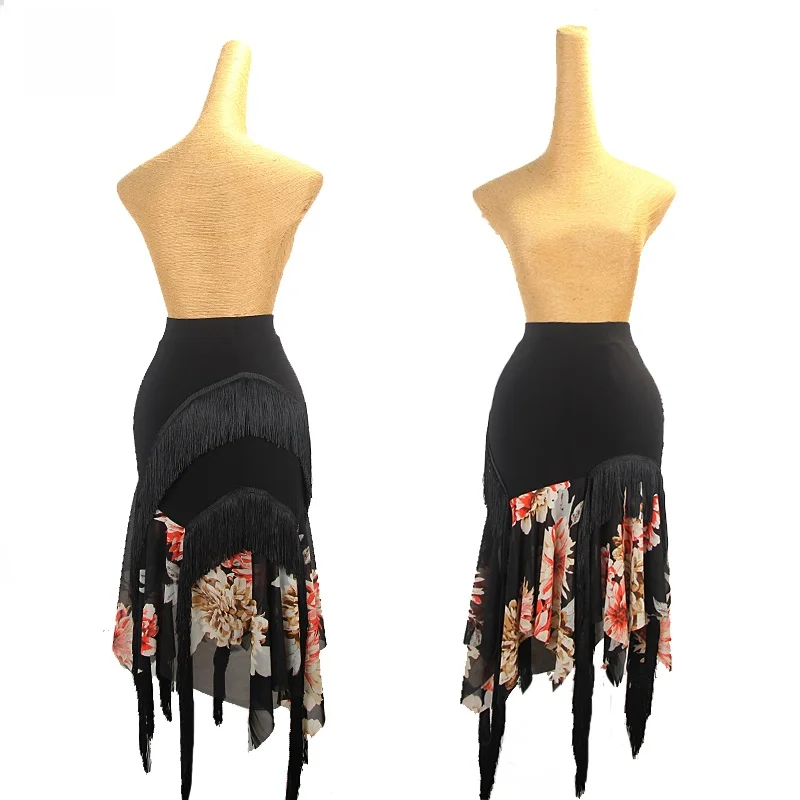 

ZS Latin Dance Skirt Women's Practice Performance Class orm Large A-Line Skirt Vertical Tassel Wrap around Design L543