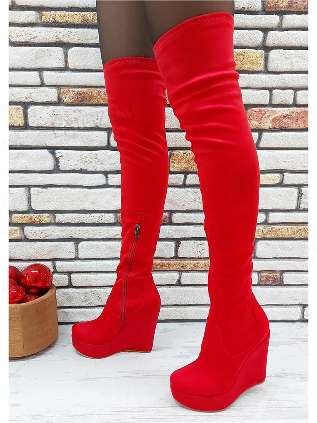 DOHBANER Women Over Knee High Boots Platfrom Wedge Heels Boots Side Zip Height Increase Ladies Shoes Woman Big Size 42 44 48 52