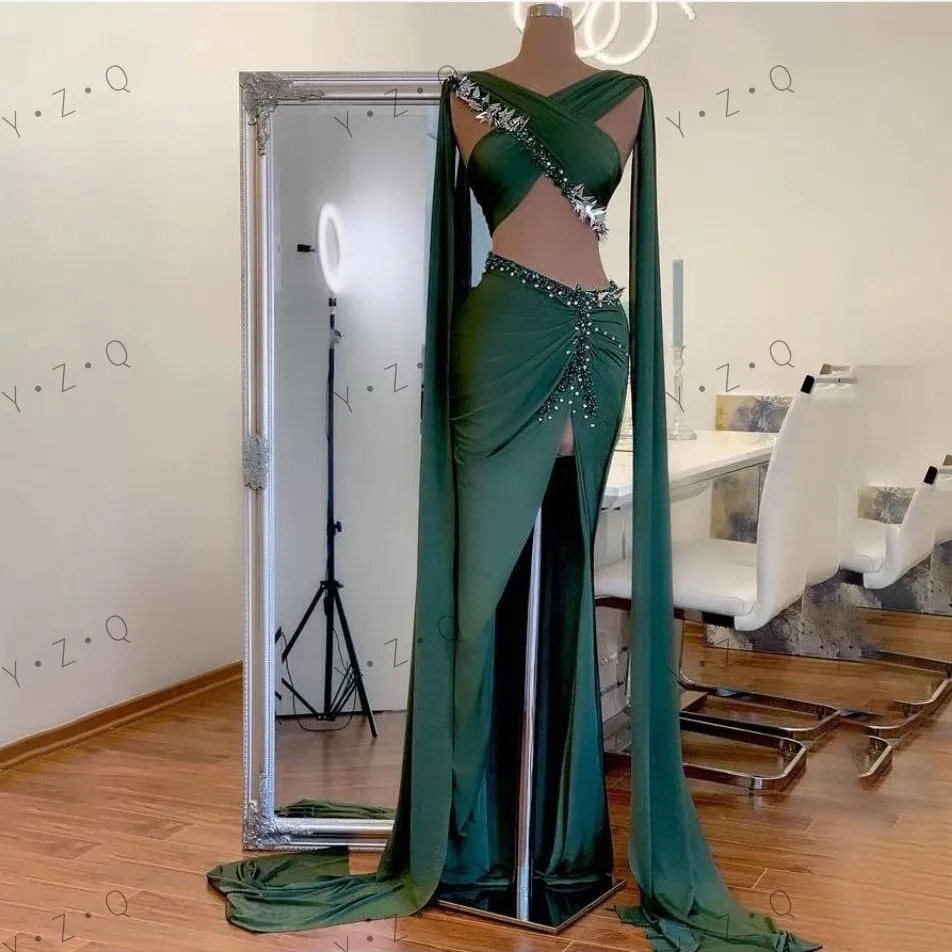 Verde oliva vestido de baile cristais 2 peças sexy plissado vestidos de festa em camadas manga cheia vestido formal frisado criss cross