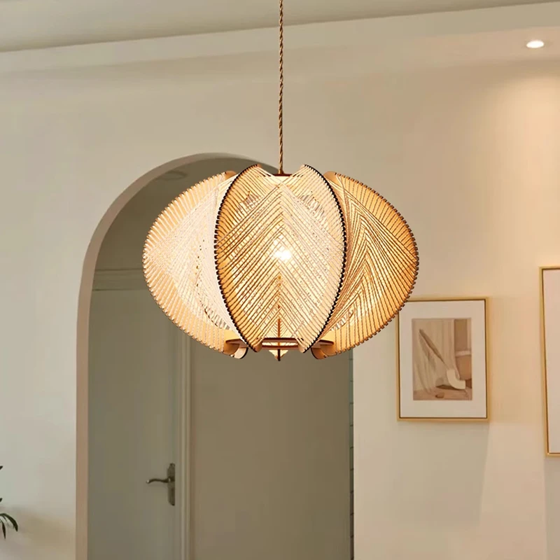 

Japanese Wabi-sabi Hand-knitted Hemp Rope Pendant Lights Vintage Solid Wood Hanging Lamp Restaurant Bedroom Living Room Fixtures