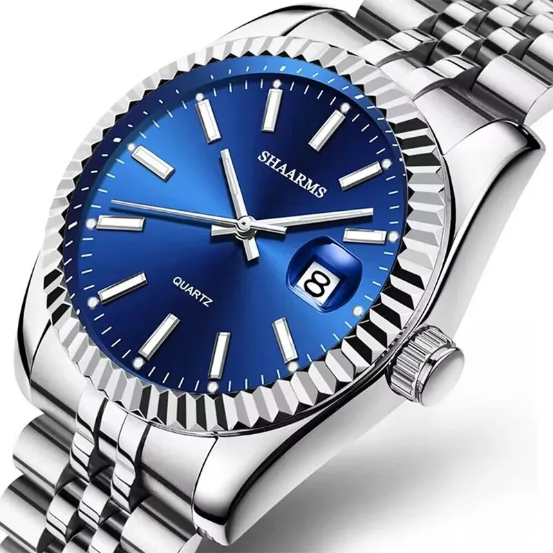 Watches Mens Top Brand Luxury Blue Watch Calendar With Stainless Steel Band Fashion Business Quartz Wristwatch Relogio Masculino