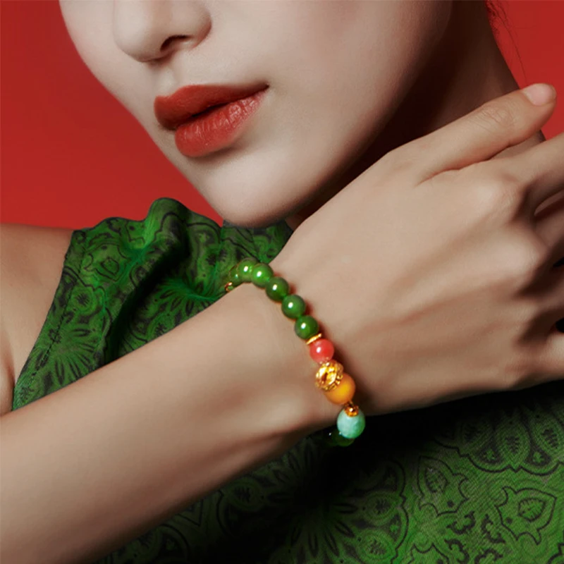 Hand Chain Trendy Daily Wear Jewelry Ideal Holiday Birthday Gift Natural Hetian Jasper Beaded Bracelet for Women Wax Plated