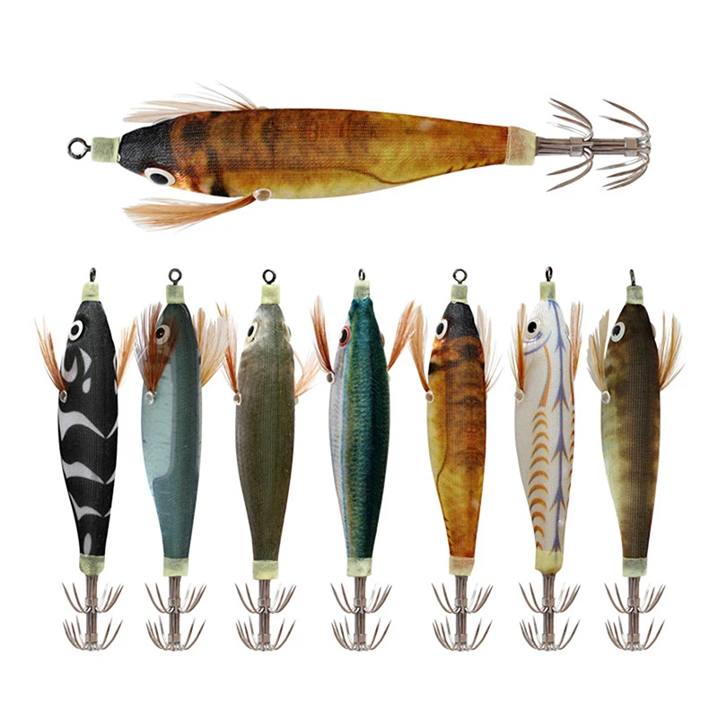 14pcs Luminous Horizontal Squid Jig Wood Shrimp Squid Hook Artificial Bait Octopus Cuttlefish Shrimp Saltwater Hard Bait Tackle