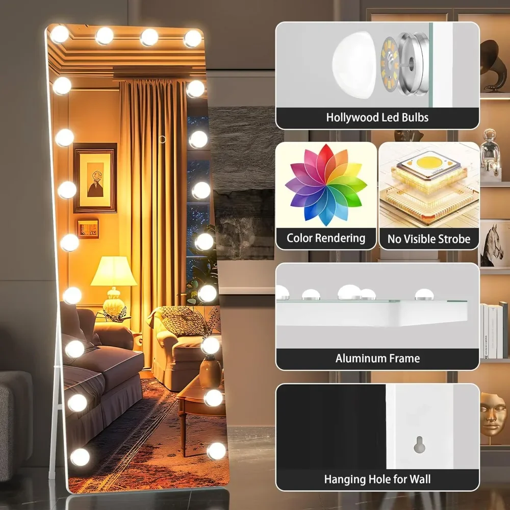 Miroir sur pied pleine longueur avec lumières LED, miroirs avec ampoules, température de 3 couleurs, corps entier, 67 po x 24 po