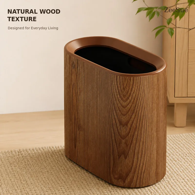 ZeeSue Nordic Wood-Look Waste Bin, Rounded Rectangular Garbage Can in Walnut and Natural Wood Colors for Home and Office