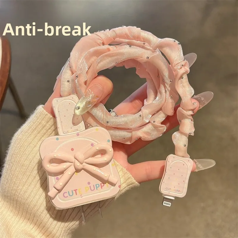 Cute Pink Wave Point Bow Charger Cable Protector For Iphone 15 14 13 12 18W 20W Charger Protection Cover Data Line Winder