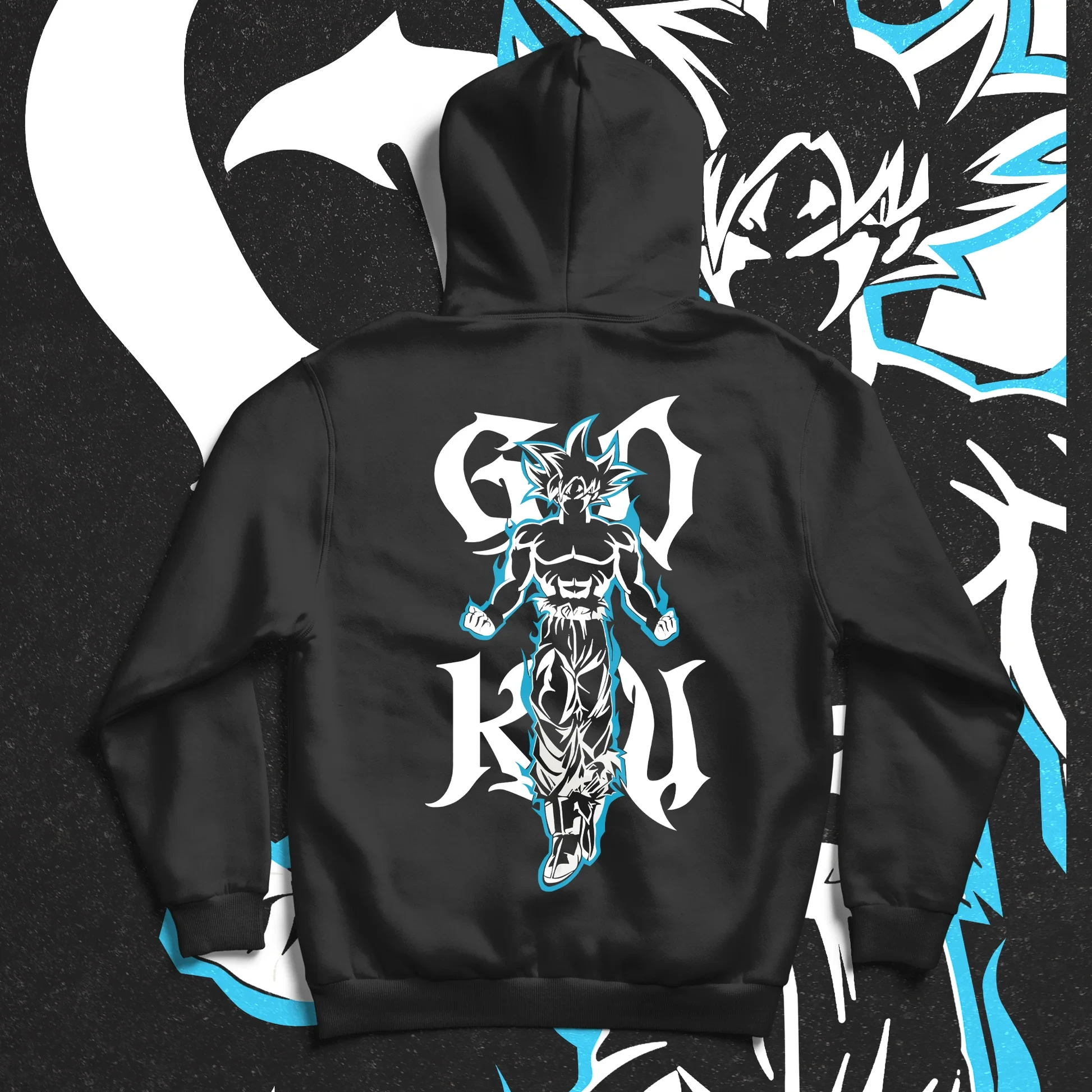 بلوفر Dragon Ball Z بغطاء للرأس من القطن الأسود Son Goku مطبوع عليه شخصية الرسوم المتحركة مع تصميم فني خط أزرق وأبيض لباس غير رسمي