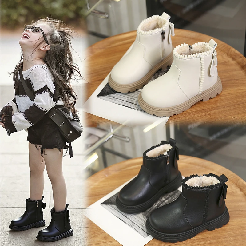 

Toddler Girls Warm-lined Boots 2025 New Winter Kids Plush Lining Leather Boots Soft Sole Non-slip Comfort Kid School Party Boots