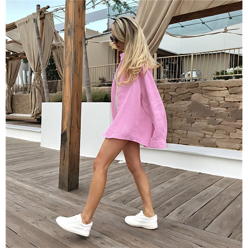 

A83F-Women Long Sleeve Beach Shirt Blouses Bathing Suit Cover Up Button Down Collar