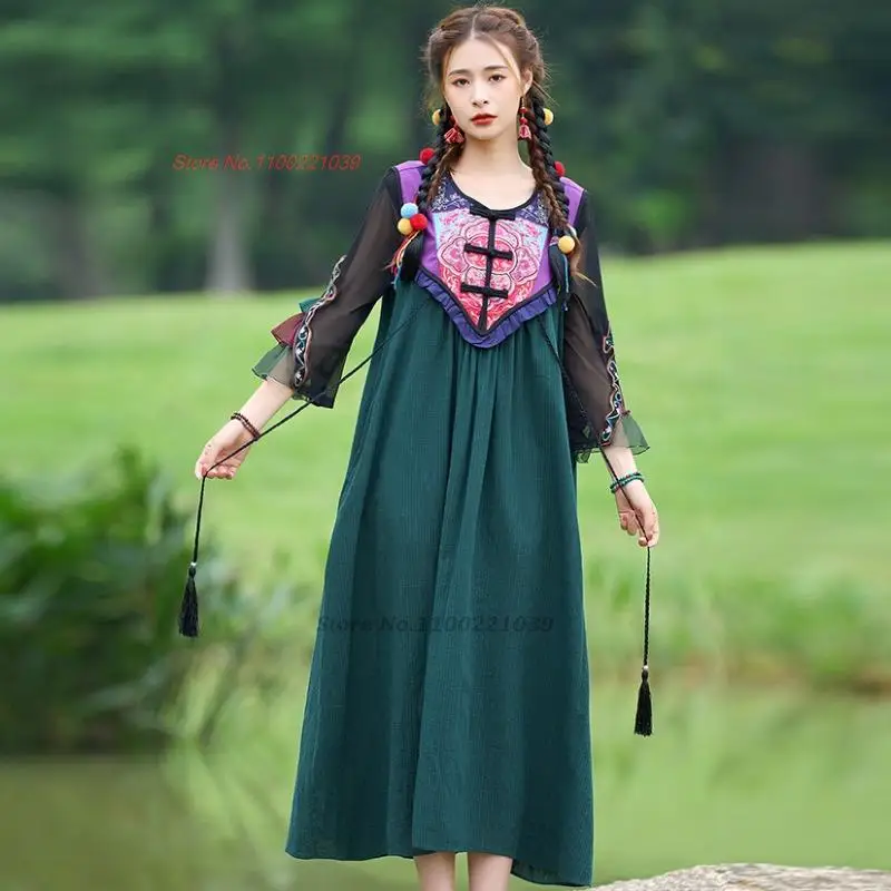 2024 chinese traditional hanfu improved qipao dress national flower embroidery sundress vintage cotton linen sleeveless dress